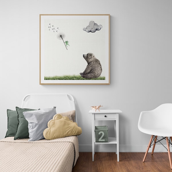 Wall Art Print: “Chance of Rain and a Random Tornado” - Featuring a Huggable Bear, Cloud, Nature, Dandelion