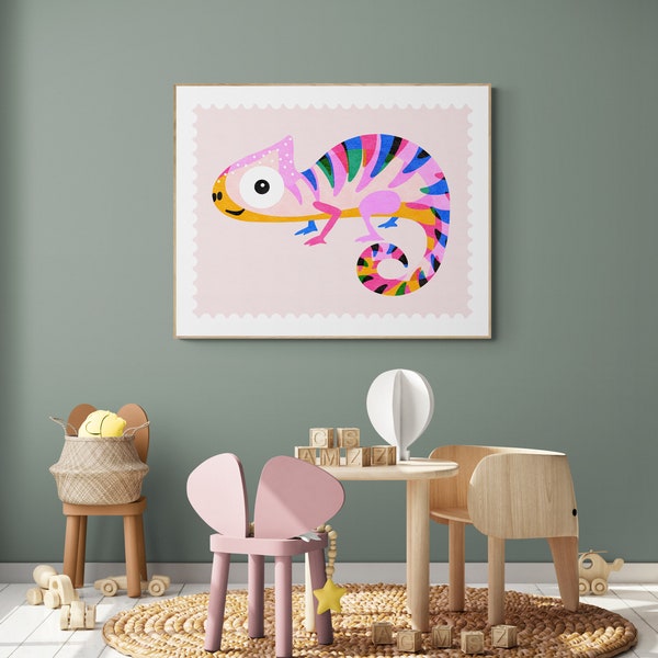 Wall Art Print,  Kids Art Prints, Fun Art Print, Colorful Poster: “Curious Chameleon” - Featuring a colorful, whimsical and cute chameleon.