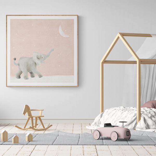 Wall Art Print: “Moon Balloon” - Featuring a Young Elephant Reaching for the Moon on a Starry Night