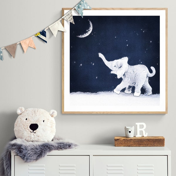 Wall Art Print: “Moon Balloon” - Featuring a Young Elephant Reaching for the Moon on a Starry Night