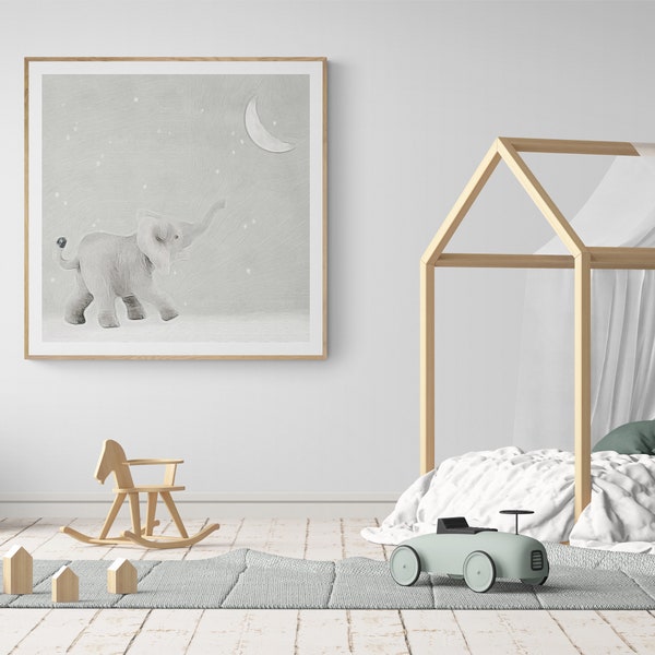 Wall Art Print: “Moon Balloon” - Featuring a Young Elephant Reaching for the Moon on a Starry Night