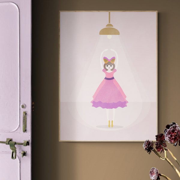 Wall Art Print,  Teen and Kids Art Prints, Fun Art Print, Colorful Poster: “Tiny Dancer” - Featuring a cute ballerina in a pink dress.