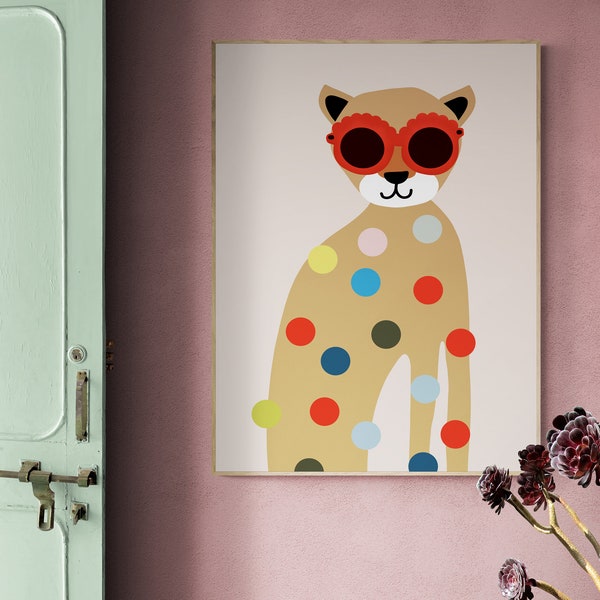 Wall Art Print,  Kids Art Prints, Fun Art Print, Colorful Poster: “Dottie” - Featuring a sassy, colorful, polkadot cat with glasses