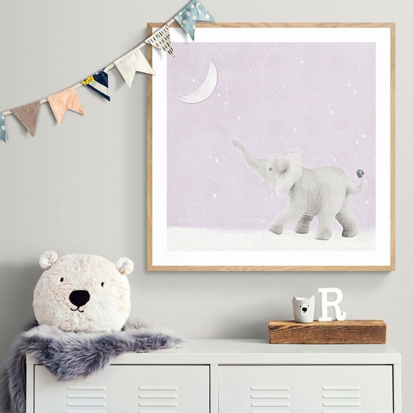 Wall Art Print: “Moon Balloon” - Featuring a Young Elephant Reaching for the Moon on a Starry Night