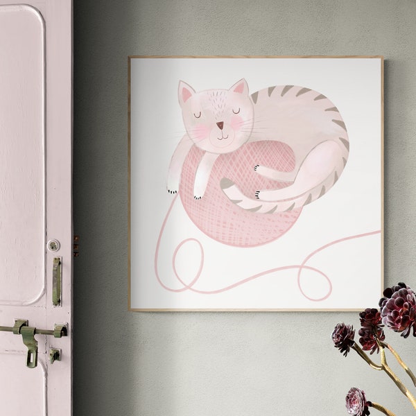 Wall Art Print,  Kids Art Prints, Fun Art Print, Colorful Poster: “Unwind” - Featuring a cute kitten playing with a ball of yarn