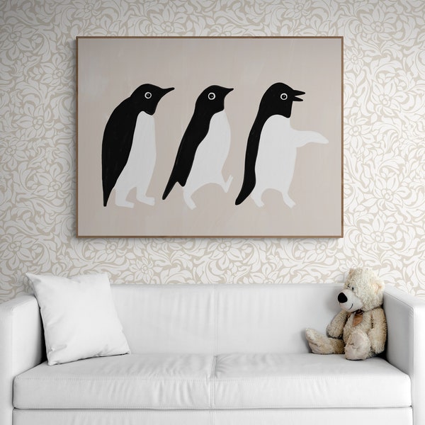 Wall Art Print,  Kids Art Prints, Fun Art Print, Neutral Poster: “Follow the leader” - Featuring a group of penguin friends