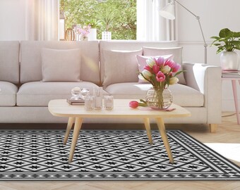 black & Gray Vinyl mat, Oriental geometric design, Kitchen mat, livingroom decor, bathroom mat ,easy to clean, custom size   #610 - Dark