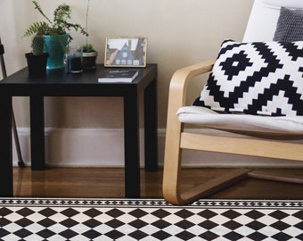 Vinyl mat , Kitchen Mat, geometric tiles decor, Nordic design , easy to clean, custom size rug, Black & white #600