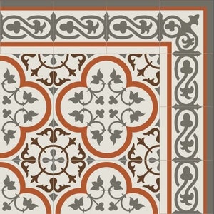 Może przedstawiać: Dekoracyjny wzór płytek z białym tłem, pomarańczowymi, brązowymi i szarymi wzorami kwiatowymi. Wzór płytek ma obramowanie z szarym i białym wzorem.