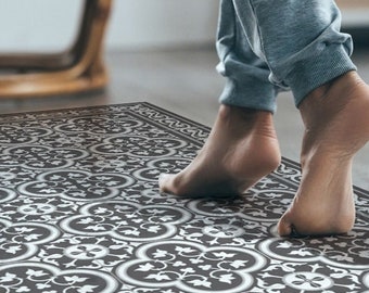 Oriental Tile PVC Rug, Vinyl Living Room Floor Mat, Modern Tile Floor Mat, PVC Living Room Decor, Decorative Linoleum Living Room Rug #181