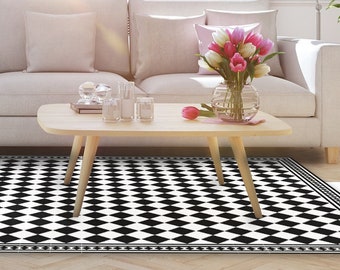 Checkered Kitchen Mat, Black White PVC Floor Runner, Geometric Vinyl Rug, Waterproof Linoleum Mat, Modern Kitchen Decor #600