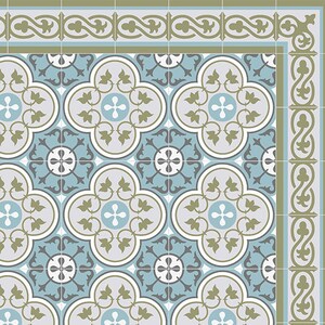 Puede incluir: Patr&oacute;n de baldosas decorativas con un dise&ntilde;o floral repetitivo en tonos azules, grises y verdes. Las baldosas tienen forma de cuadrifolio con una cruz en el centro y est&aacute;n bordeadas por un borde decorativo.