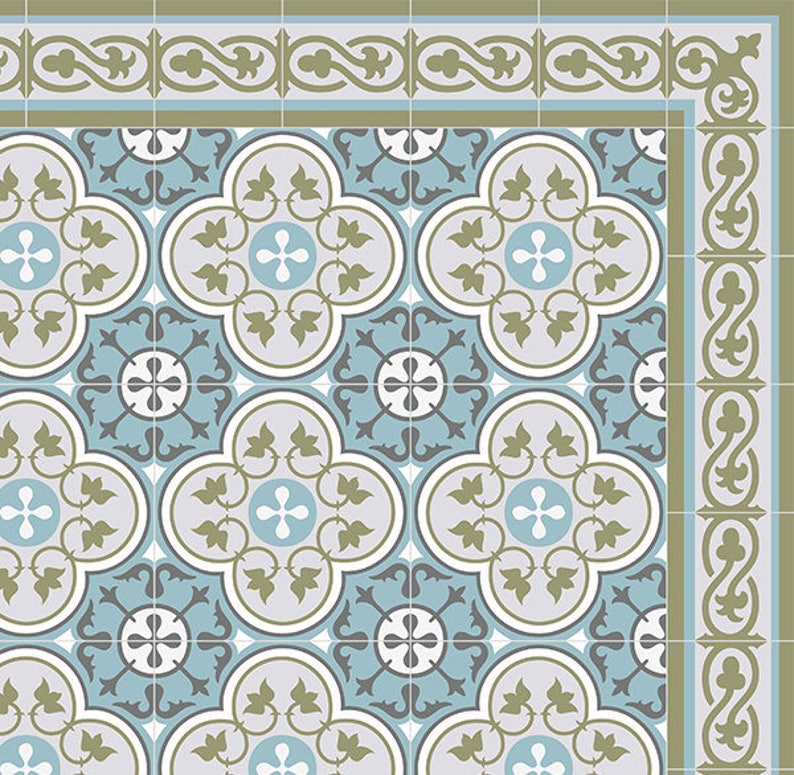 Puede incluir: Patr&oacute;n de baldosas decorativas con un dise&ntilde;o floral repetitivo en tonos azules, grises y verdes. Las baldosas tienen forma de cuadrifolio con una cruz en el centro y est&aacute;n bordeadas por un borde decorativo.