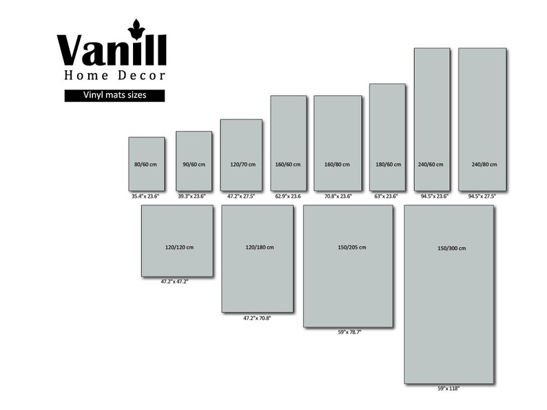 Puede incluir: Exhibici&oacute;n de alfombras de vinilo de varios tama&ntilde;os, con medidas en cm y pulgadas. Las alfombras rectangulares son de color gris. El logotipo "Vanill Home Decor" est&aacute; en la parte superior. Tama&ntilde;os de 80/60 cm a 150/300 cm.