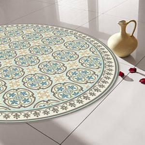 Verona Round Vinyl mat, Oriental Moroccan design, Livingrm decor, waterproof, traditional circle mat, Blue and gray   #R104