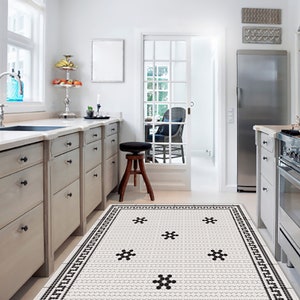 Mosaic Floor Runner, Black & White Tiled Squares PVC Kitchen Rug, Vinyl ...