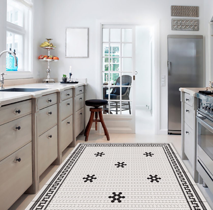 Mosaic Floor Runner, Black & White Tiled Squares PVC Kitchen Rug, Vinyl ...