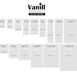 May include: Size chart for vinyl mats, featuring various rectangular sizes with dimensions in inches and centimeters. The chart includes sizes like 2.6x2, 3x2, 4x2, 4x4 ft, 4x6 ft, and more, with the "Vanill Home Decor" logo at the top.