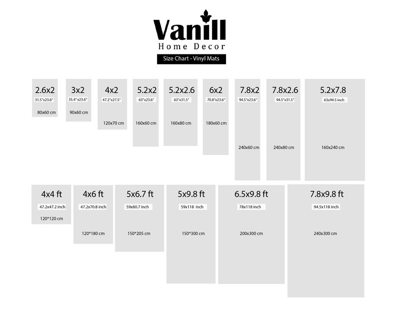 May include: Size chart for vinyl mats, featuring various rectangular sizes with dimensions in inches and centimeters. The chart includes sizes like 2.6x2, 3x2, 4x2, 4x4 ft, 4x6 ft, and more, with the "Vanill Home Decor" logo at the top.