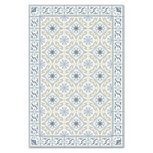 May include: Rectangular tile pattern featuring a repeating design of floral and geometric shapes in shades of blue, gray, and white. The tiles are arranged to create a rug-like appearance, with a decorative border.