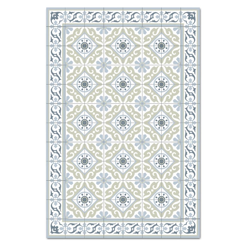 May include: Rectangular tile pattern featuring a repeating design of floral and geometric shapes in shades of blue, gray, and white. The tiles are arranged to create a rug-like appearance, with a decorative border.
