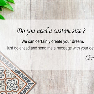 May include: Image with text: "Do you need a custom size? We can certainly create your dream. Just go ahead and send me a message with your details. Chen." Features a decorative tile corner and a knife on a wood background.