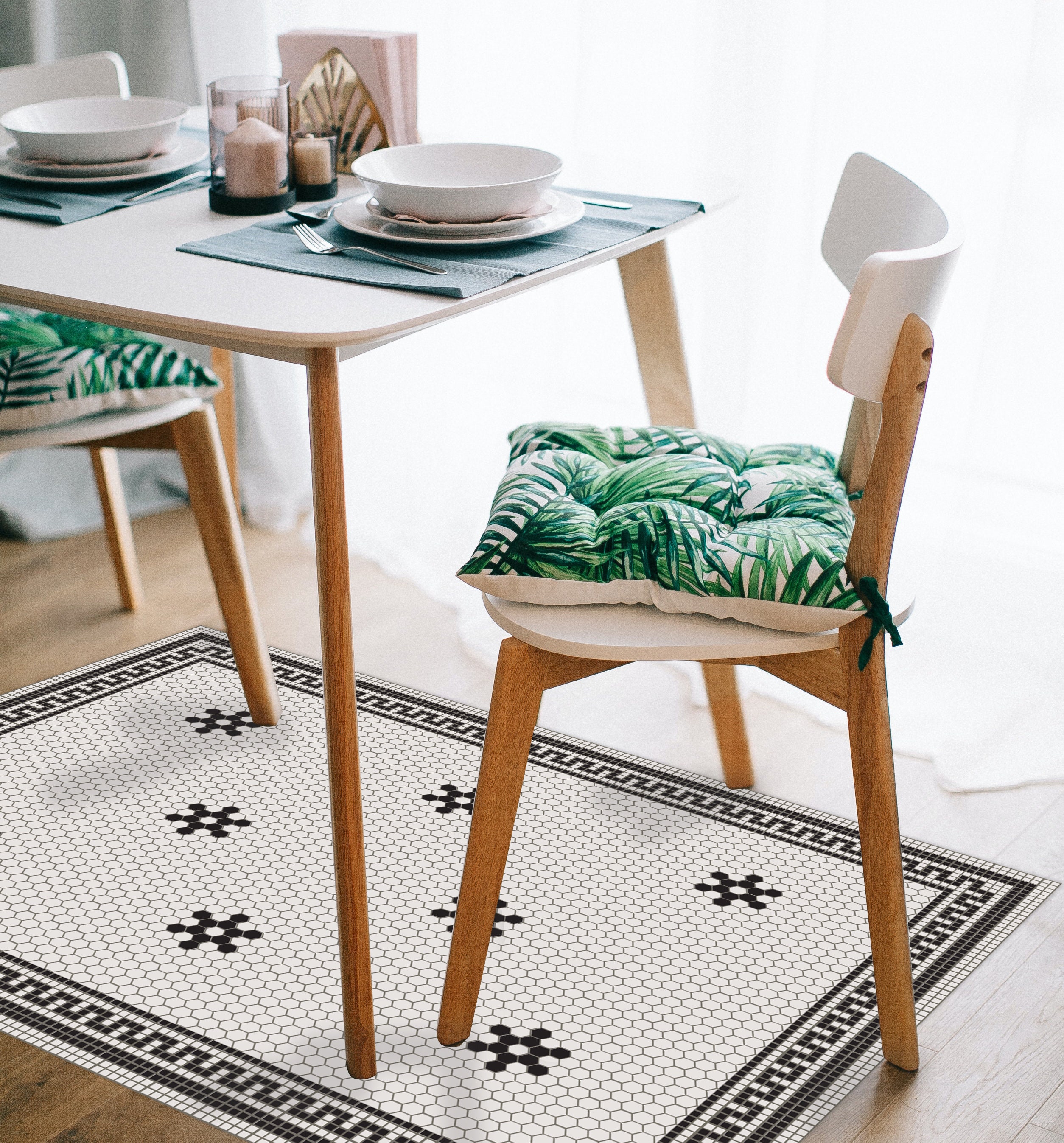 Mosaic Floor Runner, Black & White Tiled Squares PVC Kitchen Rug, Vinyl ...