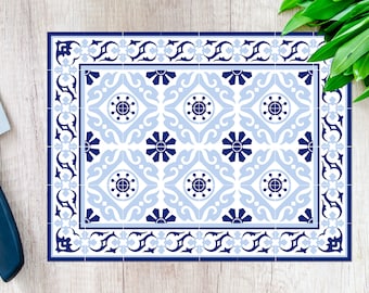 Vinyl floor mat , Oriental Moroccan design, living room decor,bathroom mat, waterproof, easy to clean, custom size , Blue #213