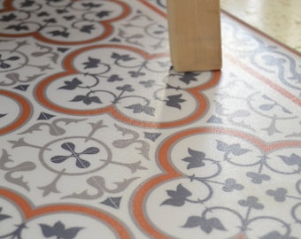 Oriental Floor Mat, Orange Gray PVC Rug, Moroccan Tile Pattern, Waterproof Vinyl Kitchen Mat, Custom Size Decor #179