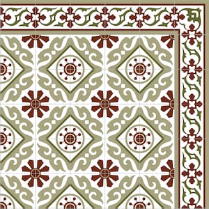 May include: A repeating pattern of green and brown floral designs on a white background. The pattern includes stylized flowers, leaves, and swirls. The design is framed by a border of green and brown floral motifs.