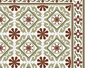 Green and Bordeaux Tiles Pattern, Decorative PVC, vinyl Mat, linoleum rug, Free shipping, Floor rug, Kitchen décor, Kitchen mat  #218