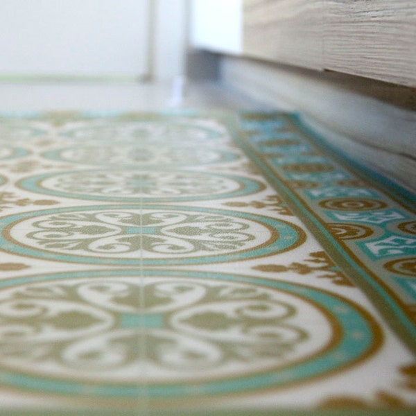 Livraison gratuite Tiles Motif tapis de vinyle linoléum PVC décoratif tapis - Couleur Turquoise Et Ocre 812 PVC Tapis, tapis de cuisine