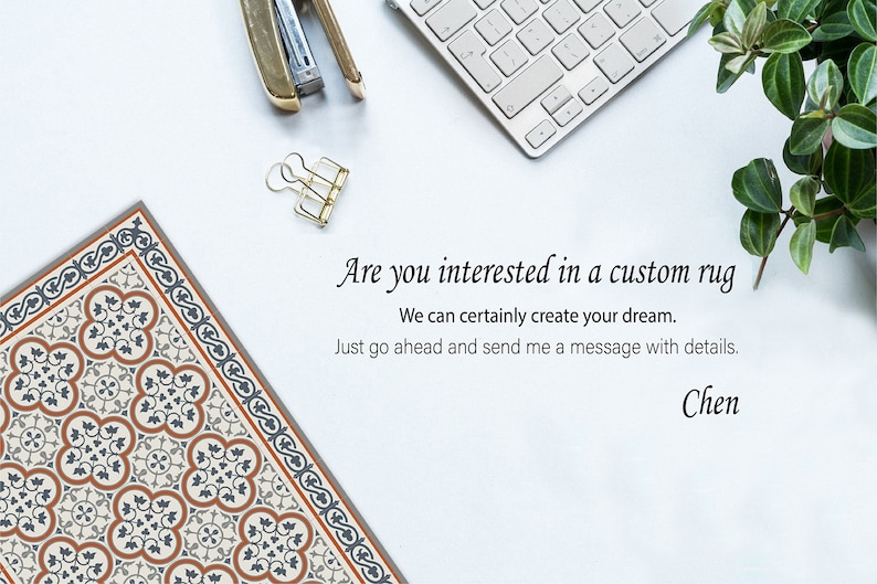 May include: A white background with a patterned rug, a stapler, paper clips, a keyboard, and a potted plant. The text "Are you interested in a custom rug? We can certainly create your dream. Just go ahead and send me a message with details. Chen" is written in black cursive.