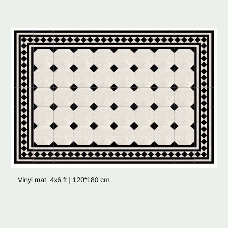 May include: A rectangular vinyl mat with a black and white tile pattern. The mat features a repeating design of black squares within white octagons, framed by a black border with diamond and line details. The text "Vinyl mat 4x6 ft | 120*180 cm" is at the bottom.