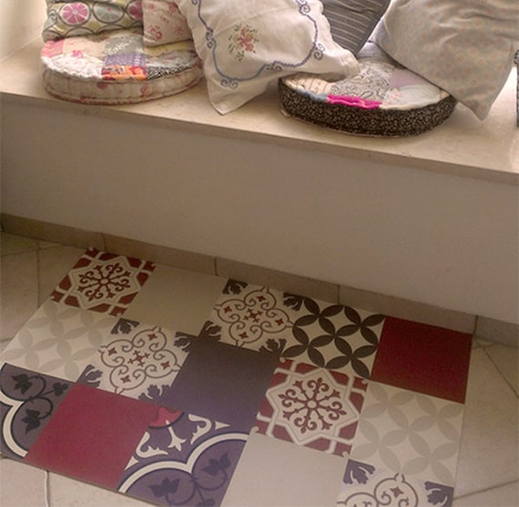 Mix tiles vinyl mat, Oriental maroccan design, waterproof, kitchen mat, bathroom mat, livingroom decor, custom size  # 301