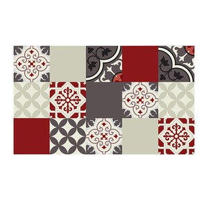 May include: A patchwork of 12 square tiles with a geometric pattern. The tiles are in shades of red, grey, and cream.