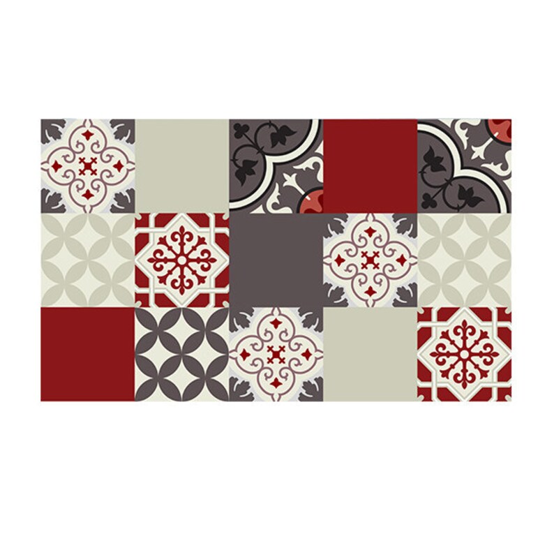 May include: A patchwork of 12 square tiles with a geometric pattern. The tiles are in shades of red, grey, and cream.