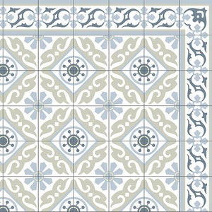 May include: Decorative tile pattern featuring a repeating design of floral and geometric shapes in shades of blue, gray, and white. The tiles have a border with a complementary design. Suitable for flooring or wall decor.