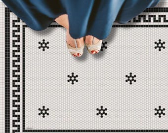 Mosaic Floor Runner, Black White Hexagon Kitchen Mat, Tiled PVC Rug, Waterproof Kitchen Decor, Custom Size Floor Mat #20