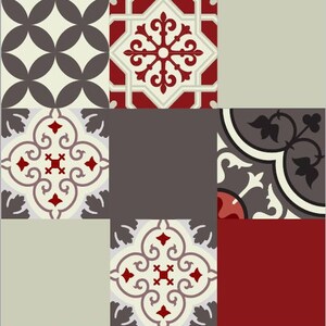 May include: A patterned tile design featuring a mix of red, white, grey, and black colours. The tiles feature geometric and floral patterns.