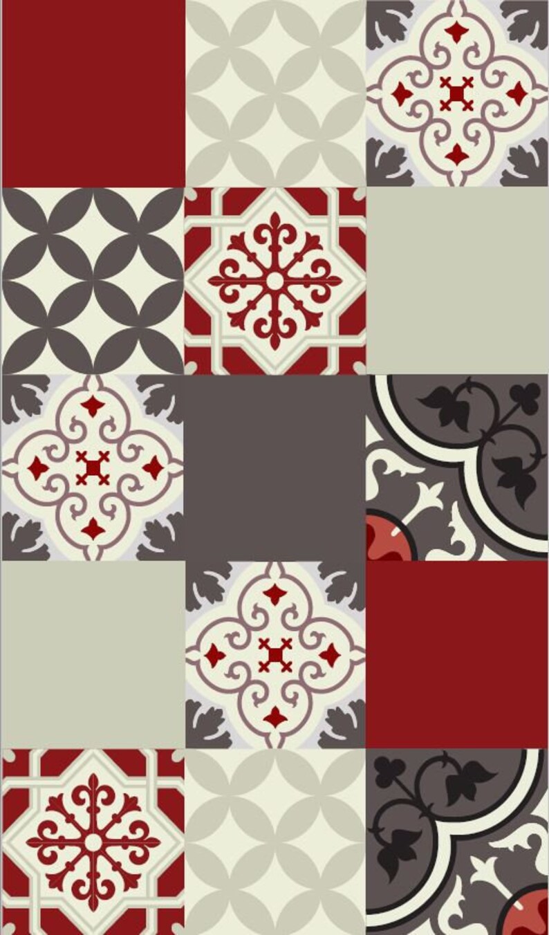May include: A patterned tile design featuring a mix of red, white, grey, and black colours. The tiles feature geometric and floral patterns.