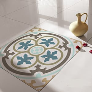 May include: A decorative floor tile sticker with a circular design featuring a brown, beige, and blue floral pattern.