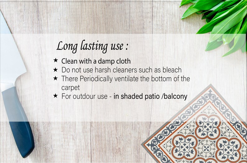 May include: Image with text about the long-lasting use of a product. The text includes instructions to clean with a damp cloth, avoid harsh cleaners, ventilate the bottom, and use outdoors in a shaded area. A knife and decorative tile are also visible.