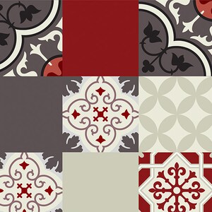 May include: A collection of nine patterned tiles in shades of red, grey, and cream. The tiles feature intricate geometric designs and floral motifs.