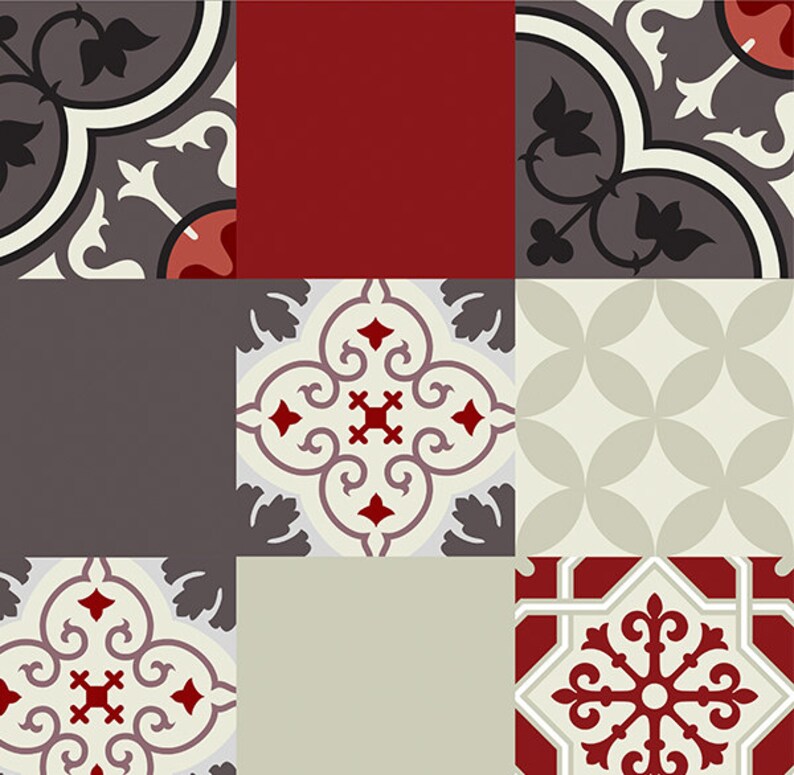 May include: A collection of nine patterned tiles in shades of red, grey, and cream. The tiles feature intricate geometric designs and floral motifs.