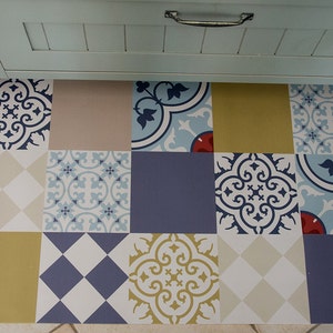 Mix tiles vinyl mat, Oriental maroccan design, waterproof, kitchen mat, bathroom mat, livingroom decor, custom size # 306