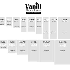 May include: Size chart for vinyl mats, featuring various rectangular sizes. Dimensions are listed in inches and centimeters, including sizes like 2.6x2 (31.5x23.6 inches / 80x60 cm) and 4x4 ft (47.2x47.2 inches / 120x120 cm).