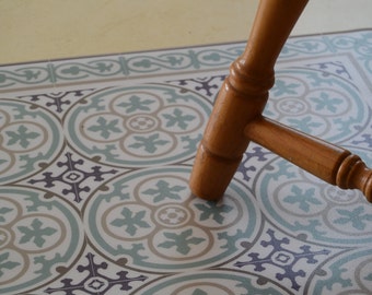 Azuurblauwe & paarse keukenmat, vinylmat, oosterse tegels decor, traditionele mat, waterdicht woonkamer decor, aangepast formaat #106