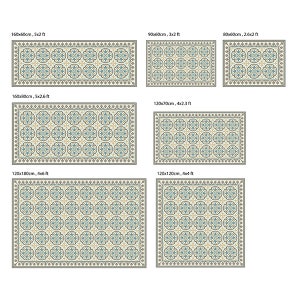 May include: A set of six patterned rugs in various sizes, featuring a geometric design with blue, beige, and brown colours. The rugs are shown on a white background.