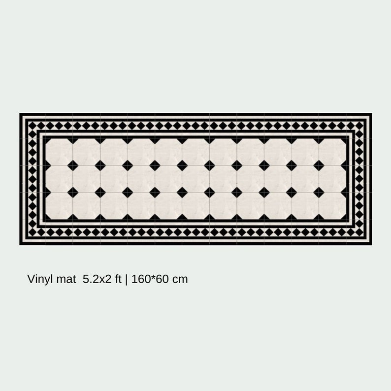 May include: Rectangular vinyl mat with a black and white geometric pattern. The mat features a border of black diamonds and a central grid of black squares on a cream background. The text on the mat reads: Vinyl mat 5.2x2 ft | 160*60 cm.